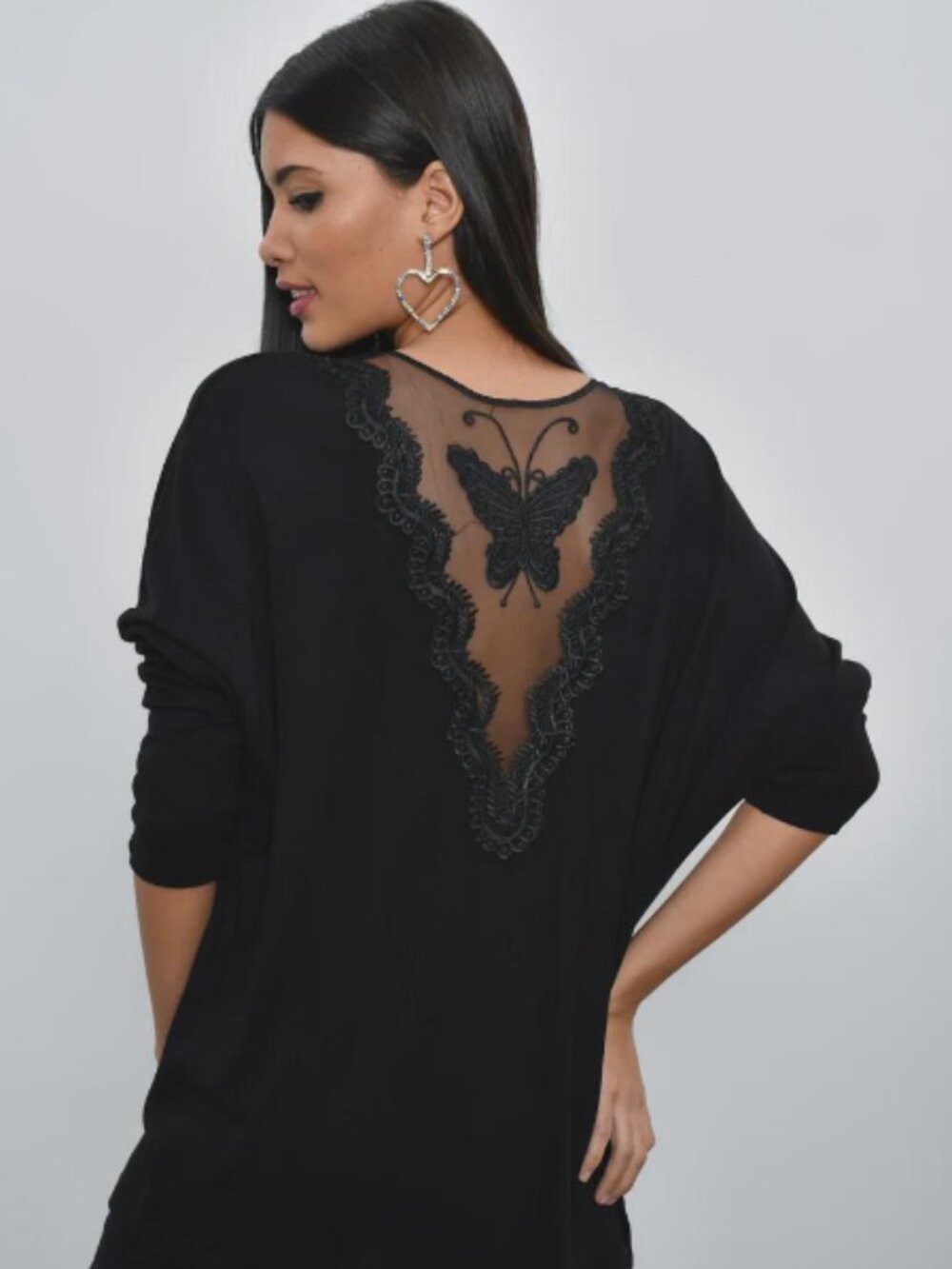 Elegant Black Top Lace Back Butterfly Design | Chic Boutique Blouse